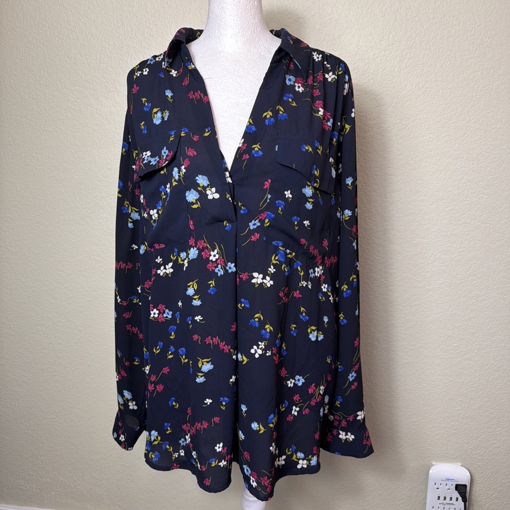 Ann Taylor Floral Shirt XL Navy Indigo Flower Work Office Button Cuff Pullover
